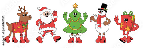 Merry Christmas and Happy New year characters. Santa Claus Christmas tree snowman reindeer gift box in trendy groovy retro cartoon style. Sticker pack of comic characters.