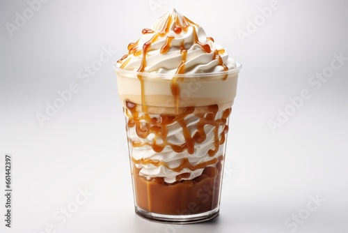 Disposable cup with a cold frappuccino, caramel drizzle, and whipped cream, Generative AI
