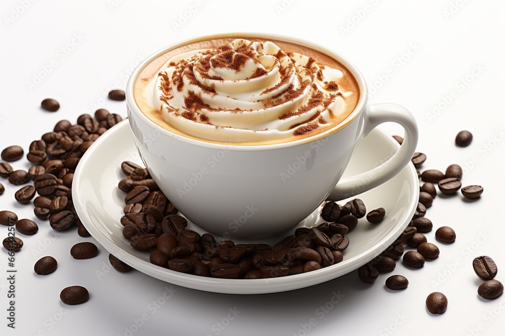 Disposable cup with a frothy cappuccino and coffee beans as garnish, Generative AI