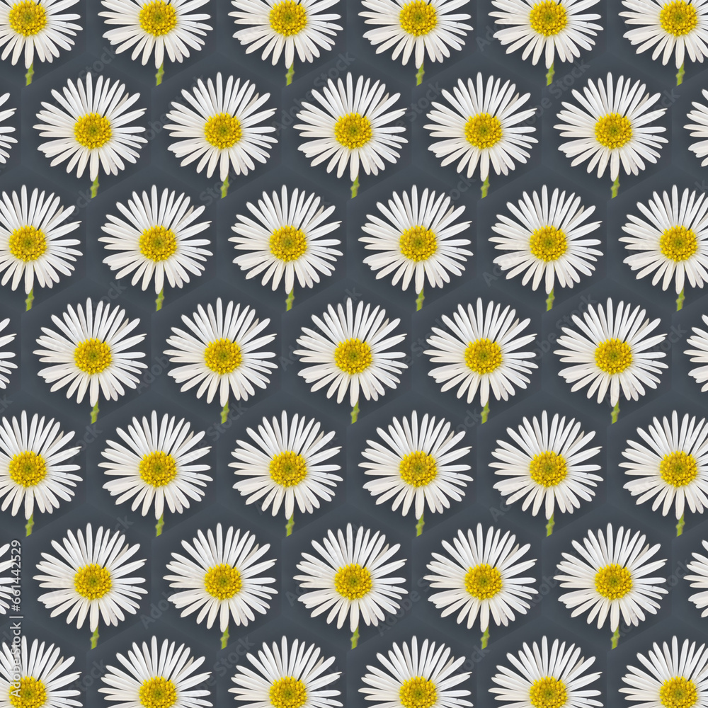 traditional daisy and stem white and yellow gold center on a plain grey background repeating pattern