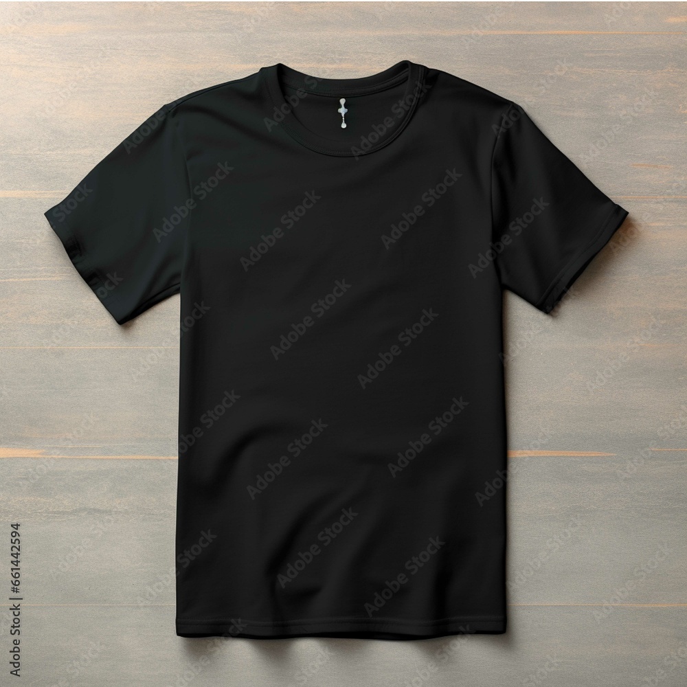 Black t-shirt on wooden hanger on black background. Mockup for design