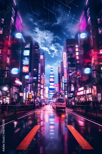 View of vehicles and buildings in Tokyo City with traffic light lines. Japanese town in night  Tokyo. Tokyo Cityscape with Traffic light trails. created with generative AI