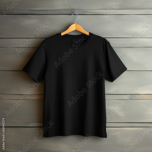 Black t-shirt on wooden hanger on black background. Mockup for design