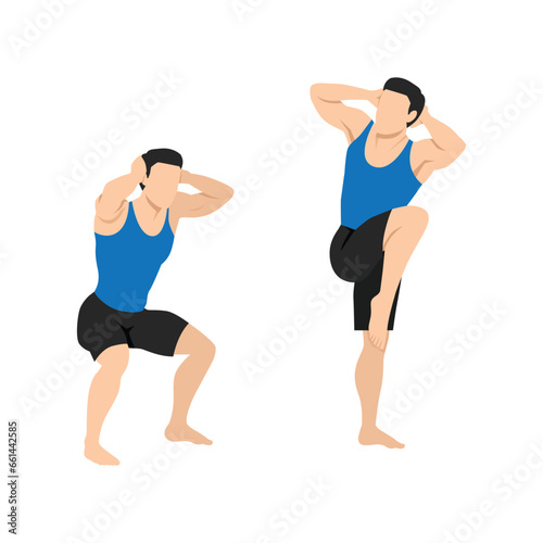 Man doing high knee squat exercise. Flat vector illustration isolated on white background