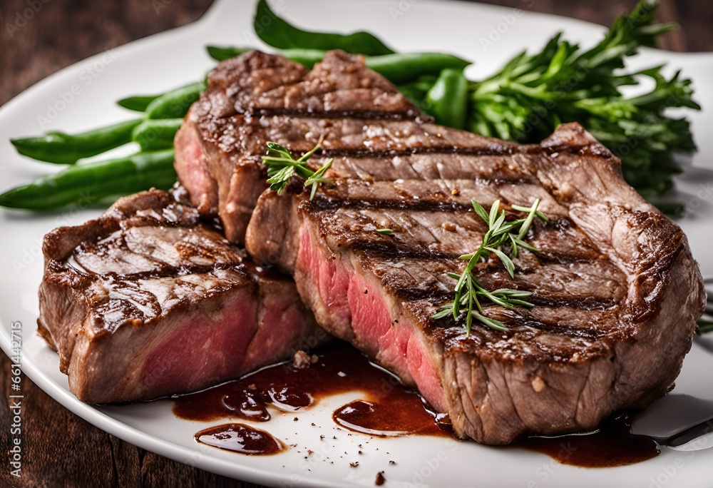 Grilled steaks with rosemary, sauce, and greens on a white plate. Grilled steaks with rosemary, sauce, and greens on a white plate.