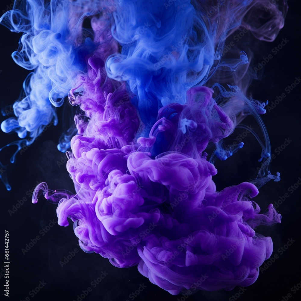 Purple and blue ink in water on a black background. Abstract background.