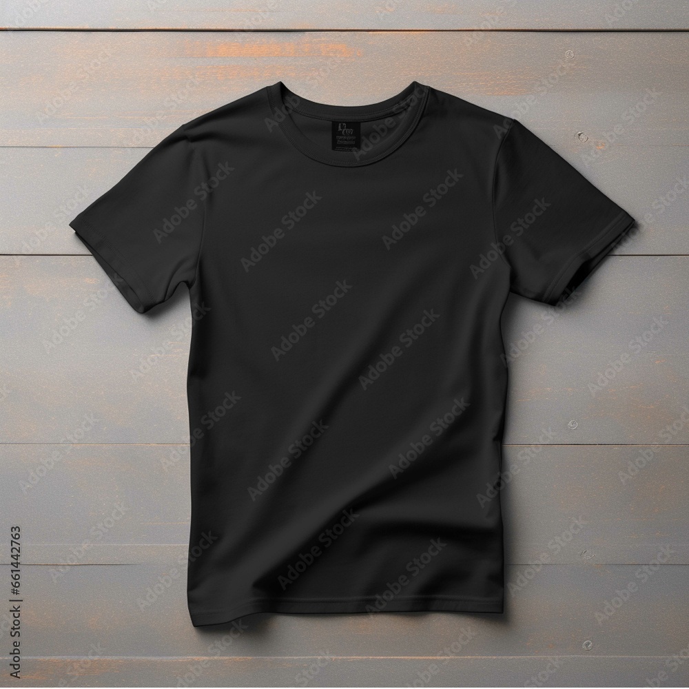 Black t-shirt on wooden hanger on black background. Mockup for design Black t-shirt on wooden hanger on black background. Mockup for design