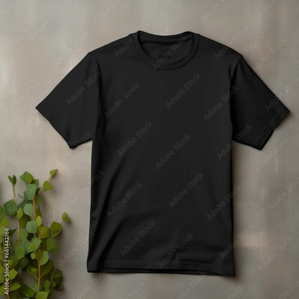Black t-shirt on wooden hanger on black background. Mockup for design Black t-shirt on wooden hanger on black background. Mockup for design