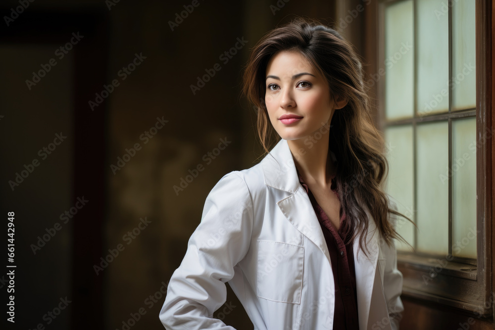 A woman stands confidently against a wall, her human face adorned with determination as she poses for a photo shoot, wearing a stunning white coat with stylish sleeves, her gaze fixed on the world be