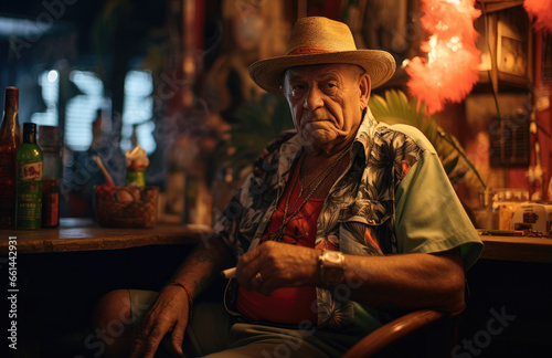 A weathered man, adorned in a fedora and smoking a cigarette, sits indoors with a bottle in hand, reflecting on the streets he once roamed with his fashion-forward sun hat and cowboy hat photo