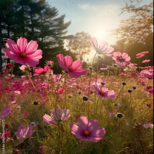 Cosmos flowers blooming in the meadow. Nature background.