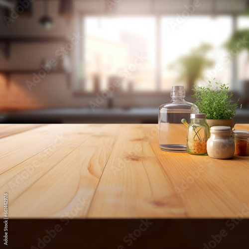 Empty wooden table in front of blurred kitchen background. Mock up, 3D Rendering