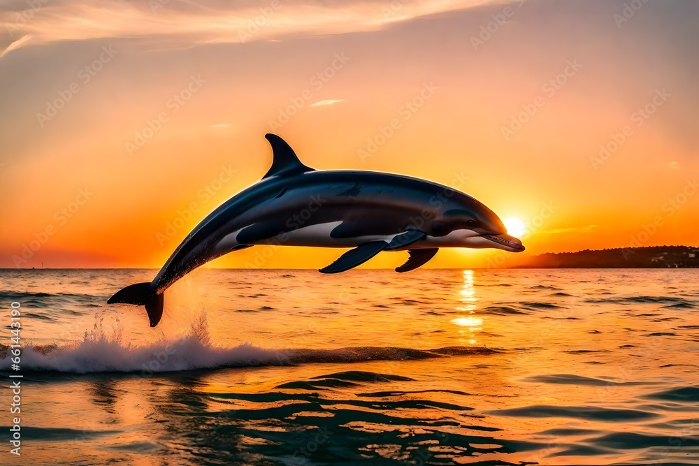 Obraz premium silhouette of a dolphin jumping at sunset
