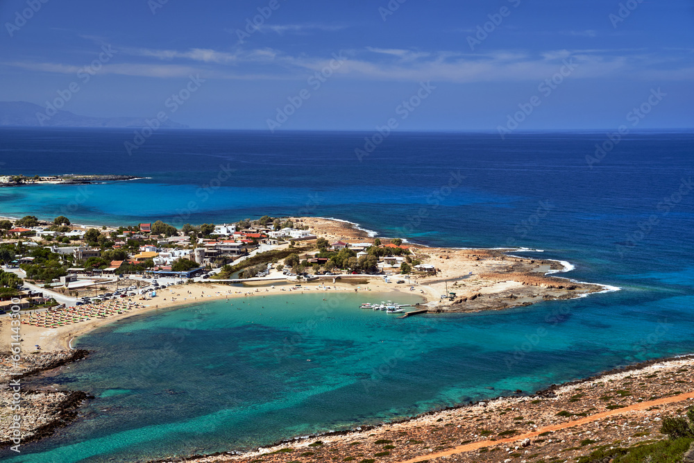 The sea and the beach from a bird's eye view in Stavros. on the island of Crete