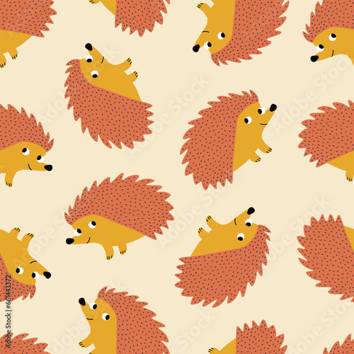 Cute hedgehog hand drawn vector illustration. Adorable baby character in flat style. Forest animal seamless pattern for kids fabric or wallpaper.