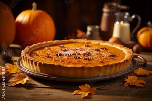 Delicious homemade pumpkin pie with spices on a wooden rustic table