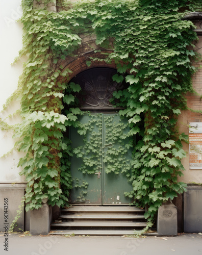 Old wooden door overgrown with ivy 