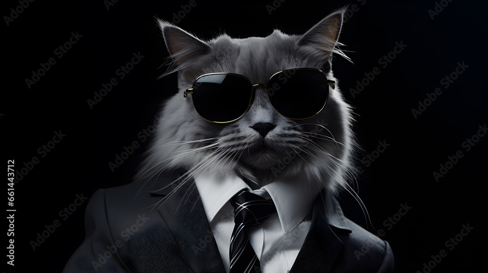 cat wearing black sunglasses and a black suit with a tie Stock Photo ...
