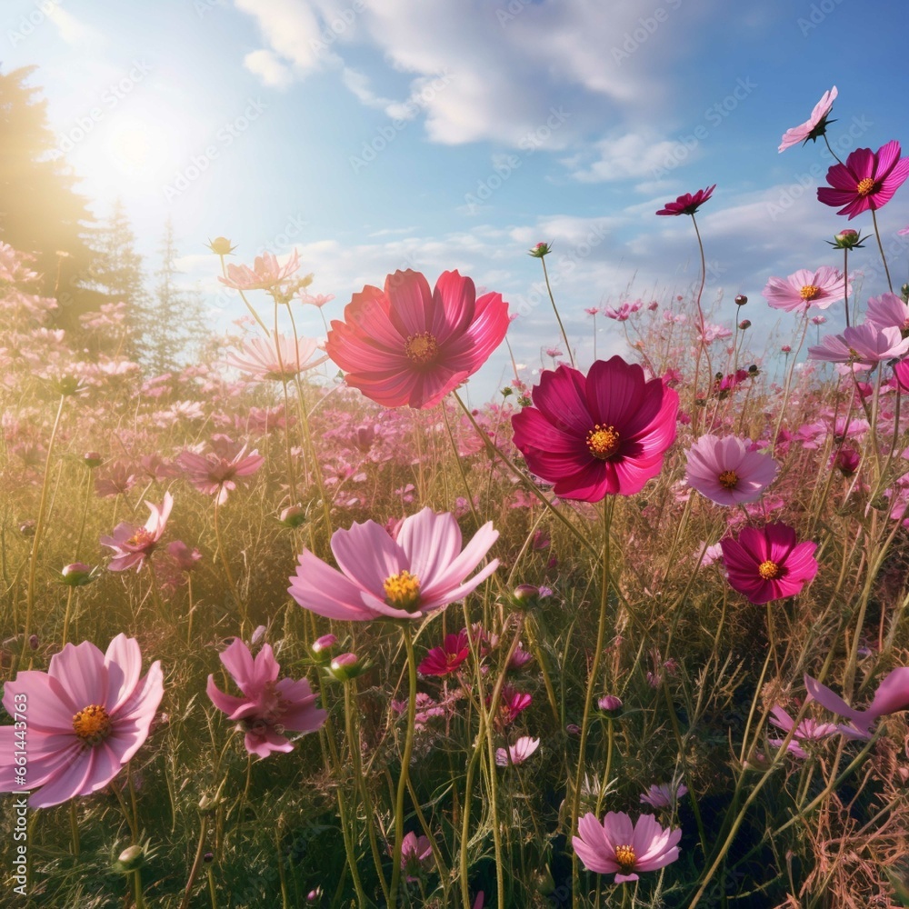 Cosmos flowers blooming in the meadow. Nature background