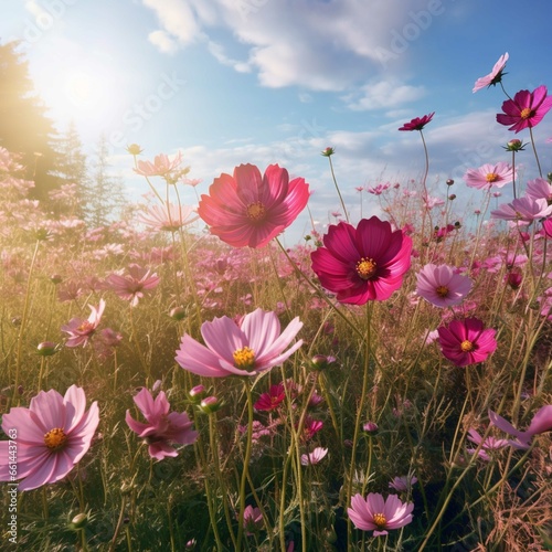 Cosmos flowers blooming in the meadow. Nature background © Samira