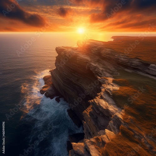 Beautiful seascape with rocks and sunset. 3d rendering