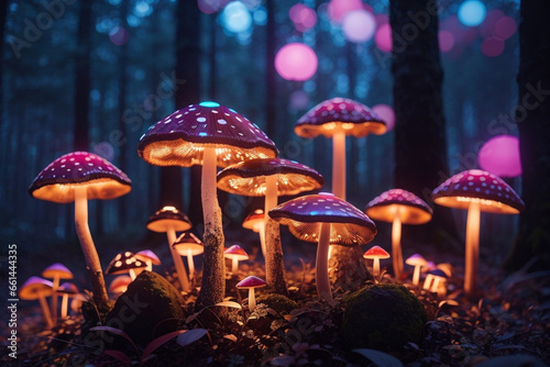 Image of glowing mushrooms in forest at twilight, created 
