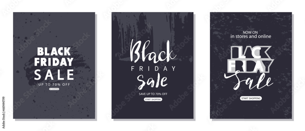 Black friday sale set of promotional cards with grunge textures.Banners for commercial events, discounts, black friday shopping, promotional material, sale, product promotion. Vector illustration - obrazy, fototapety, plakaty 