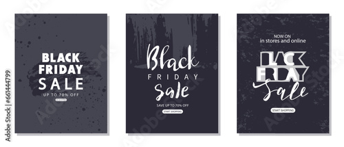 Black friday sale set of promotional cards with grunge textures.Banners for commercial events, discounts, black friday shopping, promotional material, sale, product promotion. Vector illustration