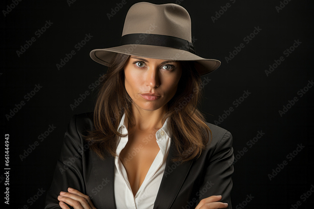 Portrait of a caucasian woman wearing a fedora hat