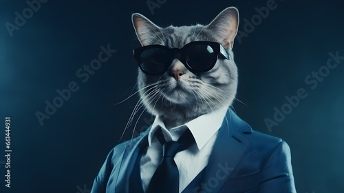 cat wearing black sunglasses and a blue suit with a tie © Muhammad