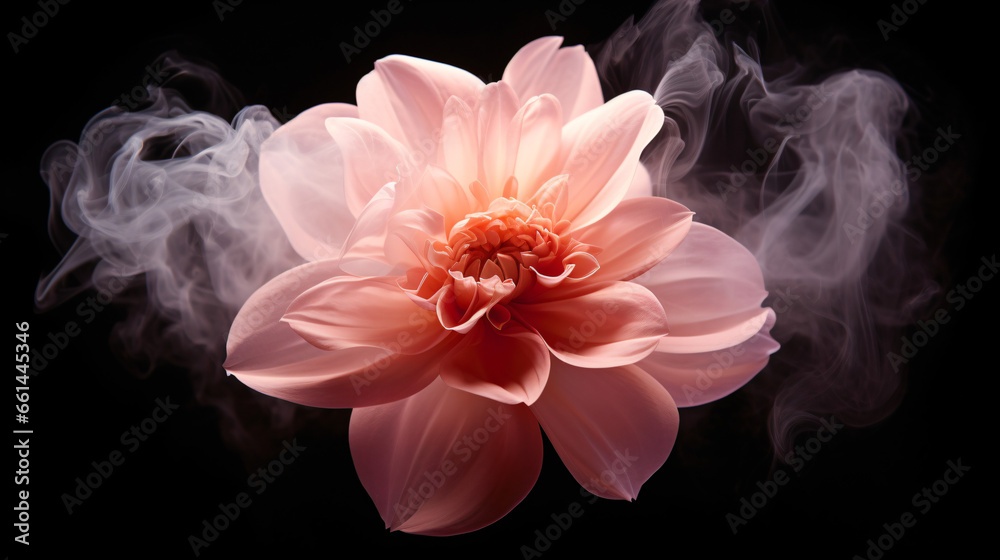 A large pink flower with smoke
