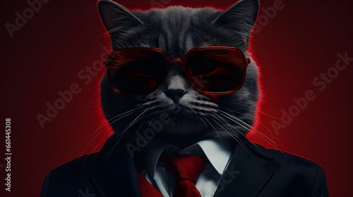 cat wearing red sunglasses and a black suit with a red tie and white shirt on red background