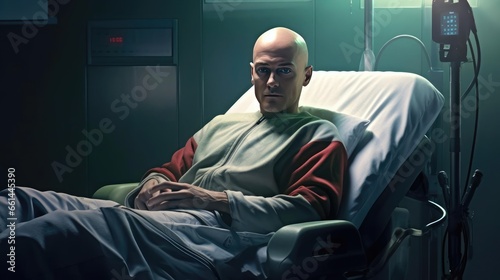 Man with no hair on her head on bed in hospital