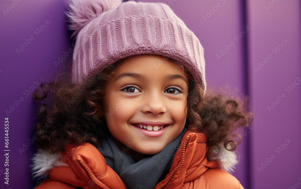 Laughing beauty kid girl wearing hat and color clothes on solid color background. Laughing beauty kid girl wearing hat and color clothes on solid color background.