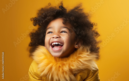 Laughing beauty kid girl wearing hat and color clothes on solid color background. © hakule