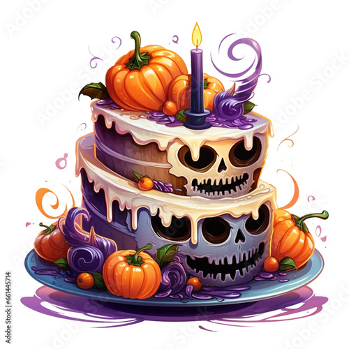 tort dyniowy z czaszką i świeczkami na Halloween