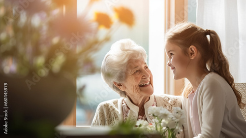 copy space, stockphoto, grandchild visiting her old grandmother in a retirement home. Grandchild visiting grandmother. Elderly retired people. Family theme. Health care. photo