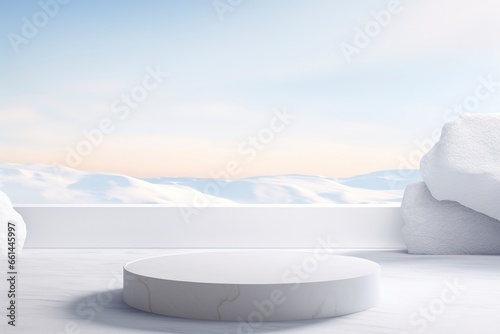 Empty round stone podium in winter background with copy space. for product display  generative ai