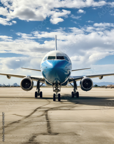 A sleek, blue airliner sits parked on the airport apron, its twinjet engines ready to take flight and carry passengers through the clouds on a journey of adventure and discovery