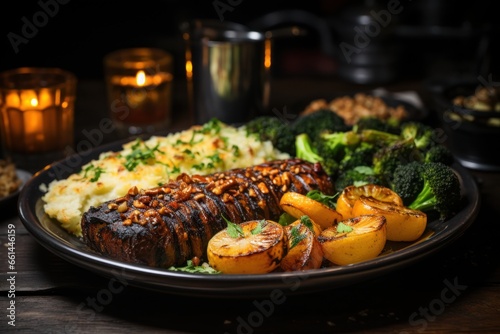 Vegetarian Christmas dinner with nut roasted out of oven. Close up. Traditional vegan dish for Xmas.