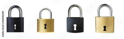 Collection of black and gold metallic padlocks, locks isolated on a transparent background. PNG, cutout, or clipping path.