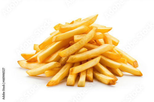 Stack of French fries, crispy and golden, a popular and delicious fast-food side dish, isolated on a white background photo