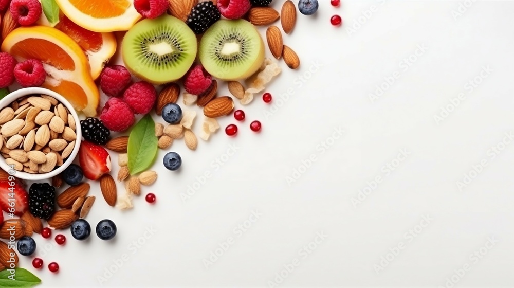 Muesli breakfast with fruits, berries, nuts on white Muesli breakfast with fruits, berries, nuts on white