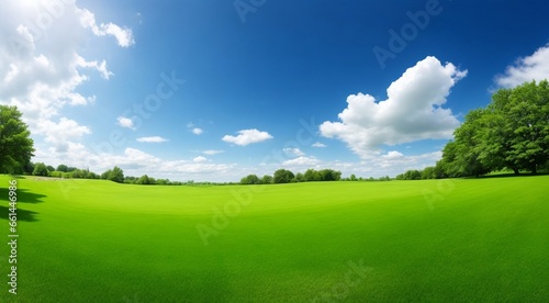 landscape with green grass and trees, landscape with grass and sky, field and sky, panoramic view off green grass field photo