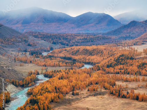 Autumn mountain valley with golden larches and a winding turquoise river under thick snow clouds.