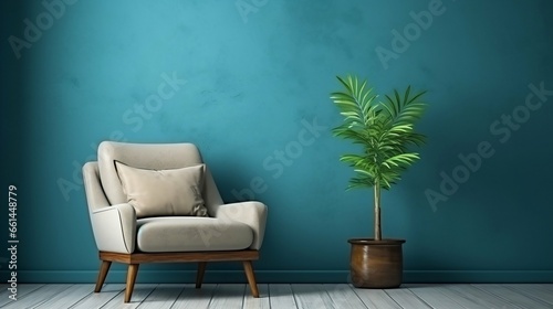living room interior with armchair on empty dark blue wall background 