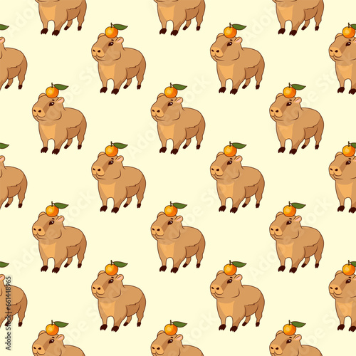 Fototapeta Naklejka Na Ścianę i Meble -  Seamless pattern of baby cute capybaras with juicy oranges with green leaves on their heads, on a beige background