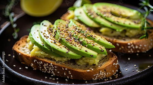 Horizontal illustration with avocado toasts with rye bread with seeds. For backgrounds, covers, banners and other projects about healthy nutrition.