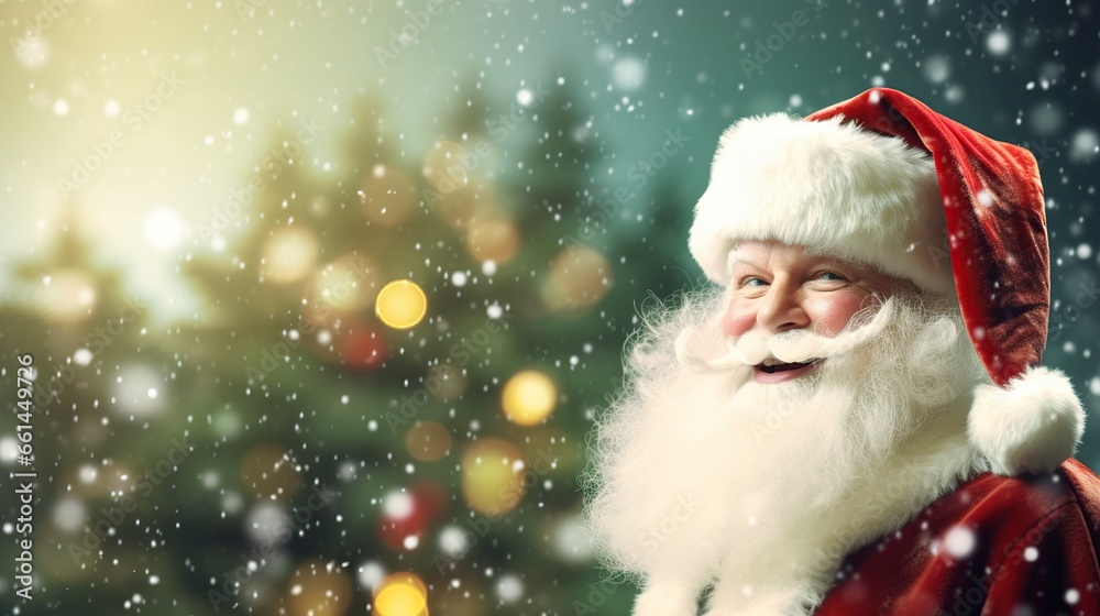 Cute Santa Claus Christmas isolated glitter blur forest background.AI generated