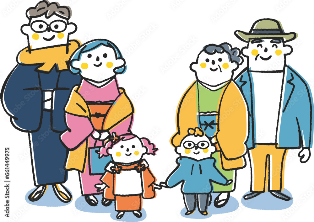 家族3世代そろって初詣　お正月の正装　イラスト素材
